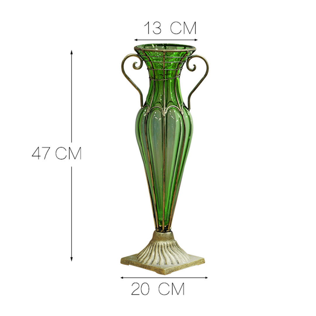 Green Glass Flower Vase With Artificial Silk Rose Set - 8 Bunch 5 Heads - Notbrand