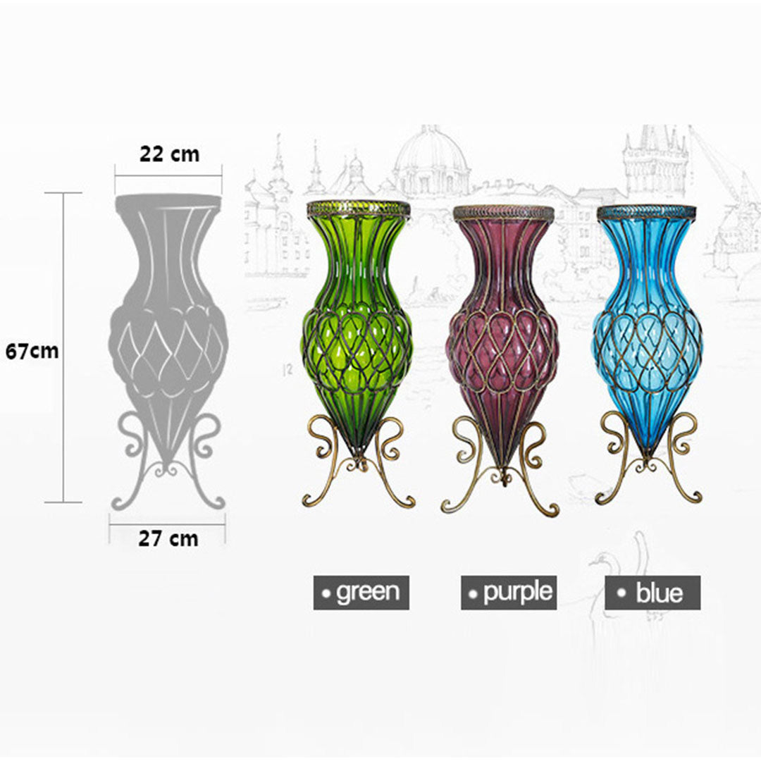 Set of Green Glass Floor Vase With 10Pcs White Artificial Flower- 67cm - Notbrand