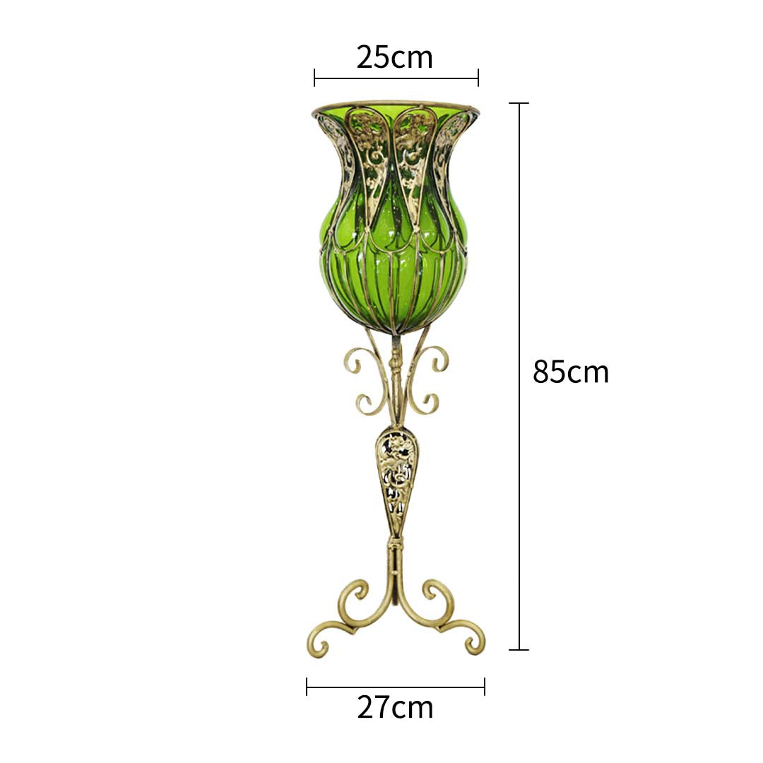 Set of Green Glass Floor Vase And 12Pcs Blue Artificial Flower - Notbrand