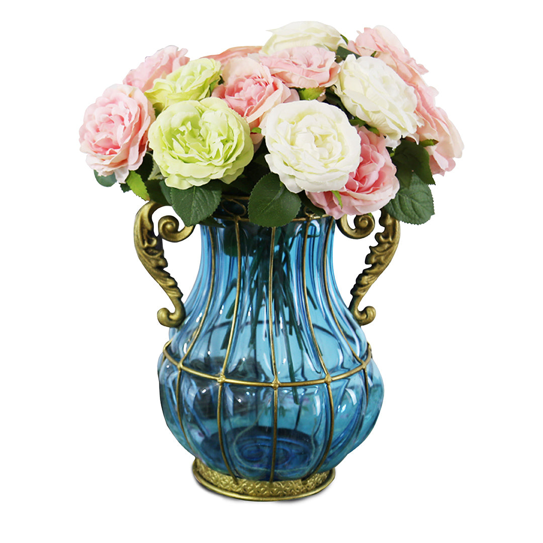 European Glass Amphora Flower Vase With Two Metal Handle - Blue - Notbrand