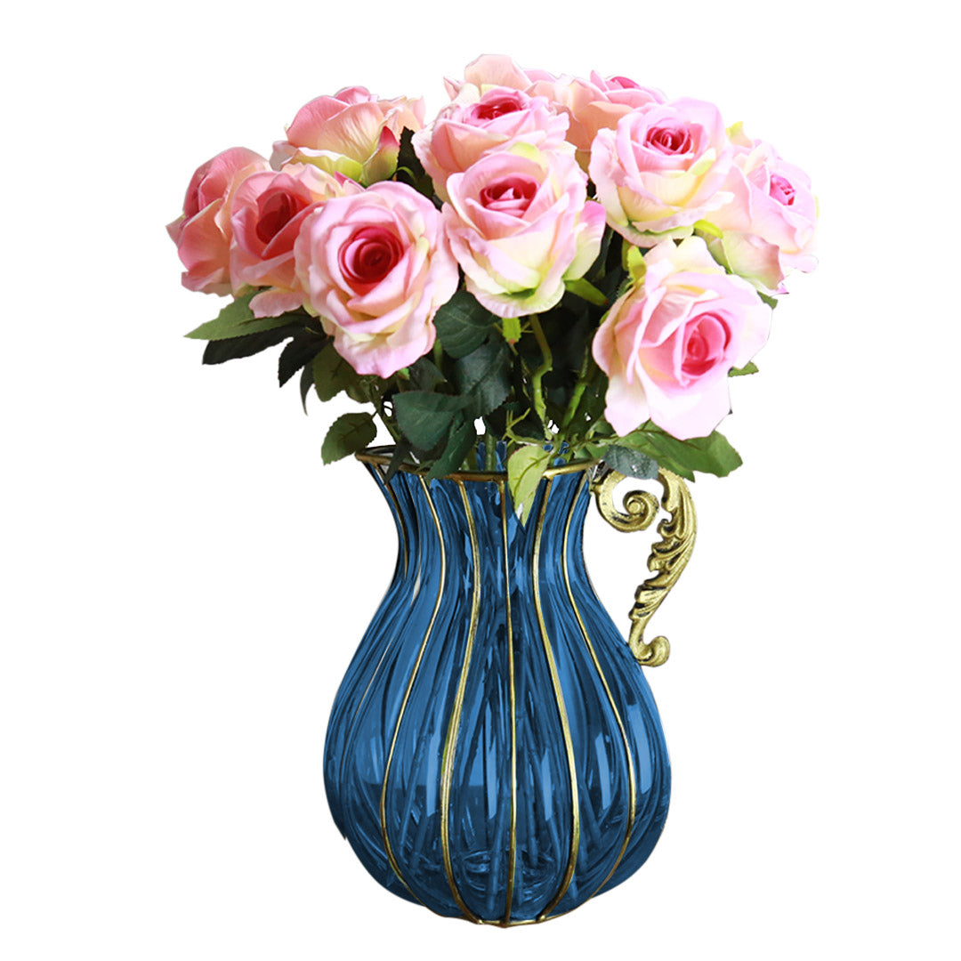 European Glass Flower Vase With Metal Handle - Blue - Notbrand