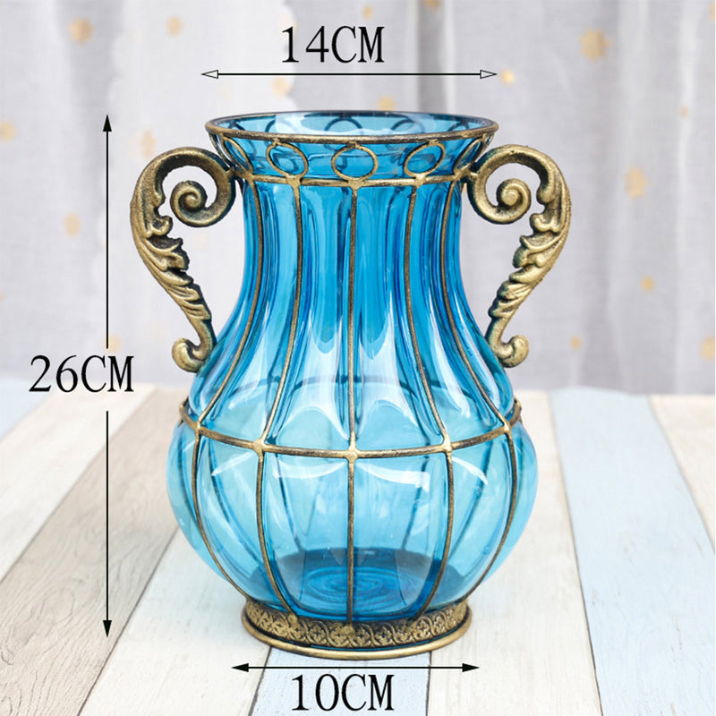 Blue Glass Flower Vase With Artificial Silk Hibiscus Set - 8 Bunch 3 Heads - Notbrand