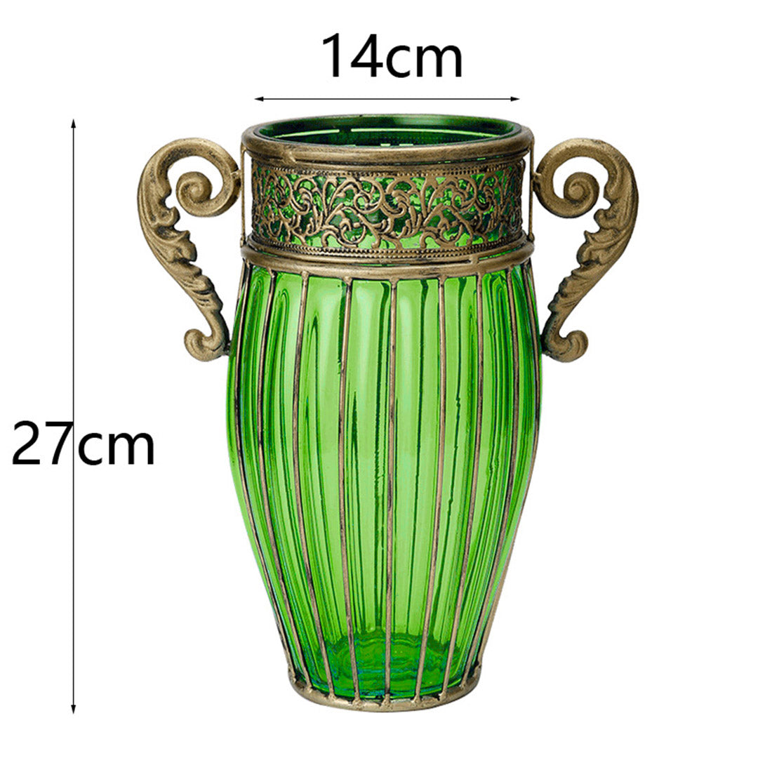 Amphora Green Glass Flower Vase With Artificial Silk Rose Set - 8 Bunch 5 Heads - Notbrand