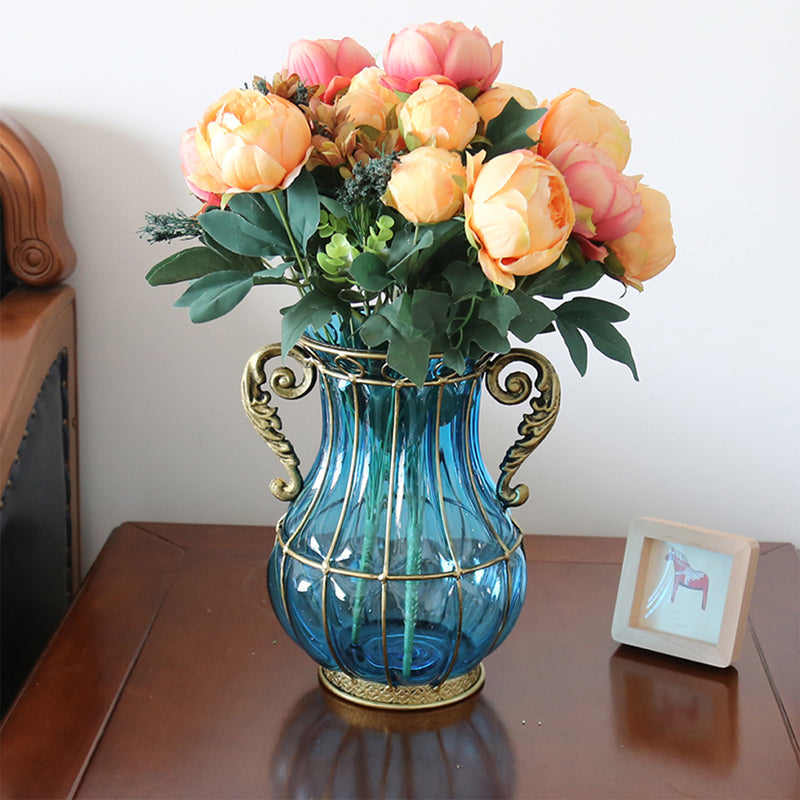 European Glass Amphora Flower Vase With Two Metal Handle - Blue - Notbrand