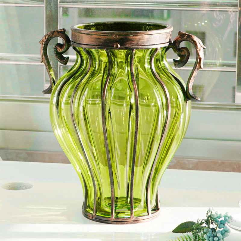 Green Glass Flower Vase With Artificial Silk Rose Set - 4 Bunch 9 Heads - Notbrand