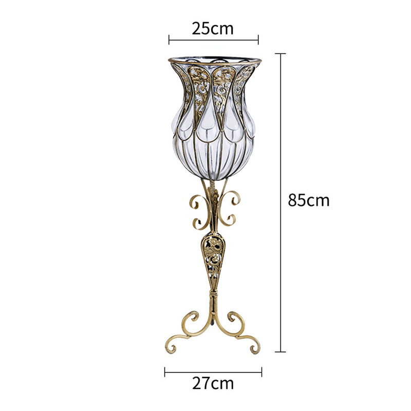 European Clear Glass Floor Flower Vase With Tall Metal Stand - 85cm - Notbrand
