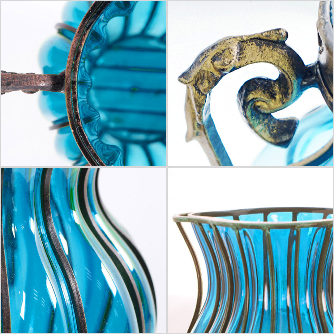 Set of Blue Glass Amphora Vase With Lilium Nanum Artificial Silk Flowers - Notbrand