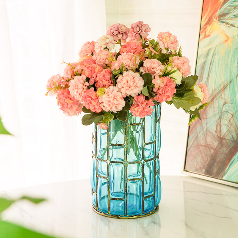 European Glass Flower Vase With Gold Metal Pattern - Blue - Notbrand