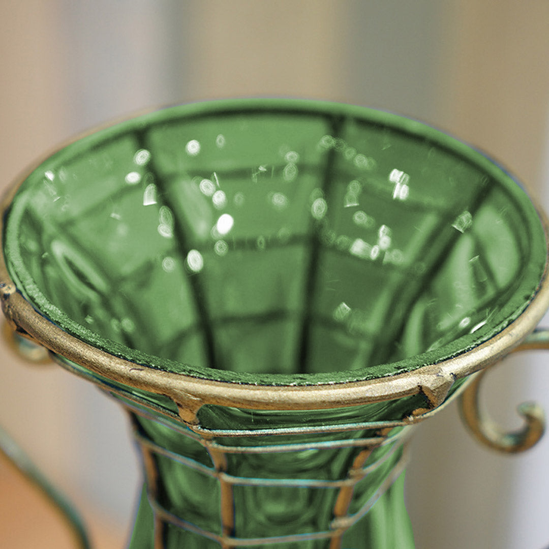 European Glass Flower Vase With Two Gold Metal Handle - Green - Notbrand