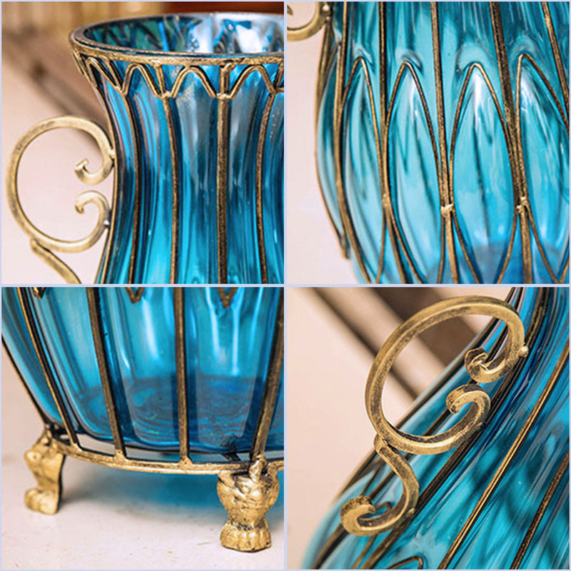 Set of Blue Glass Floor Vase With 12Pcs Artificial Flower - Notbrand