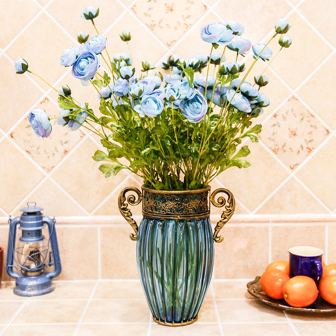 European Glass Flower Vase With Two Metal Handle - Blue - Notbrand