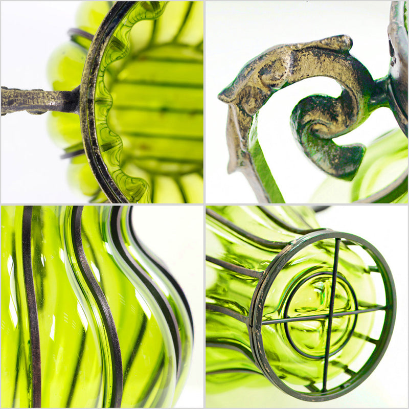 Green Glass Flower Vase With Artificial Silk Rose Set - 10 Bunch 6 Heads - Notbrand