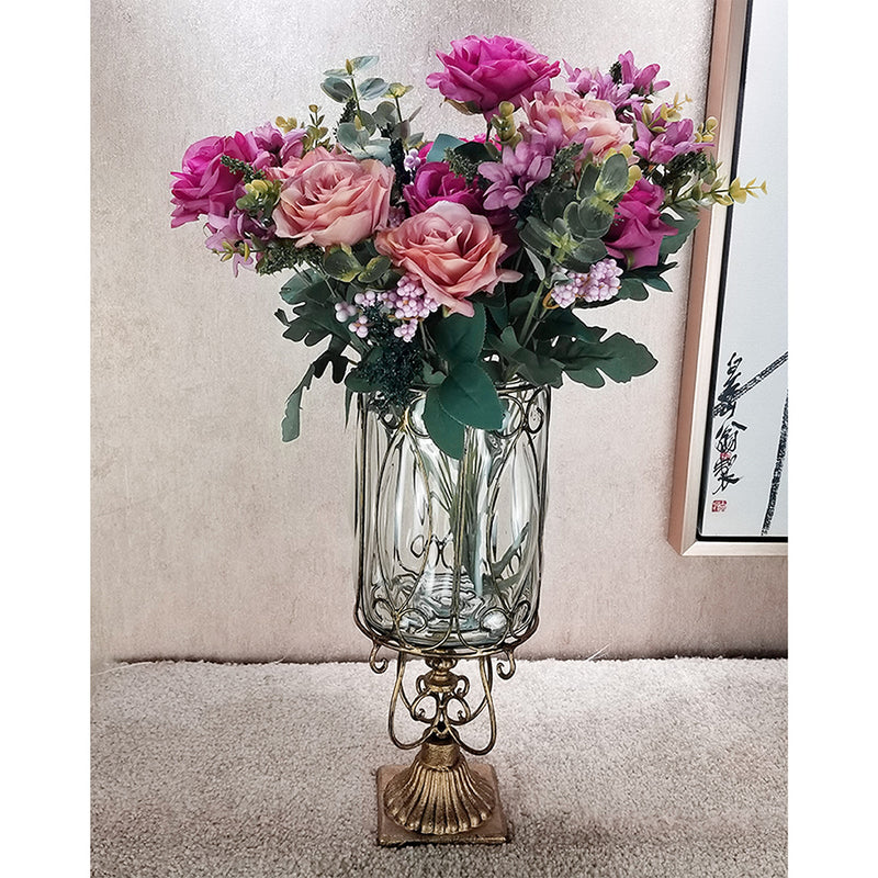 European Flower Vase With Gold Metal Pattern - Clear Glass - Notbrand
