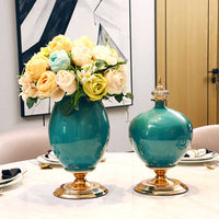 Green Ceramic Vase With Gold Metal Base - 40cm - Notbrand
