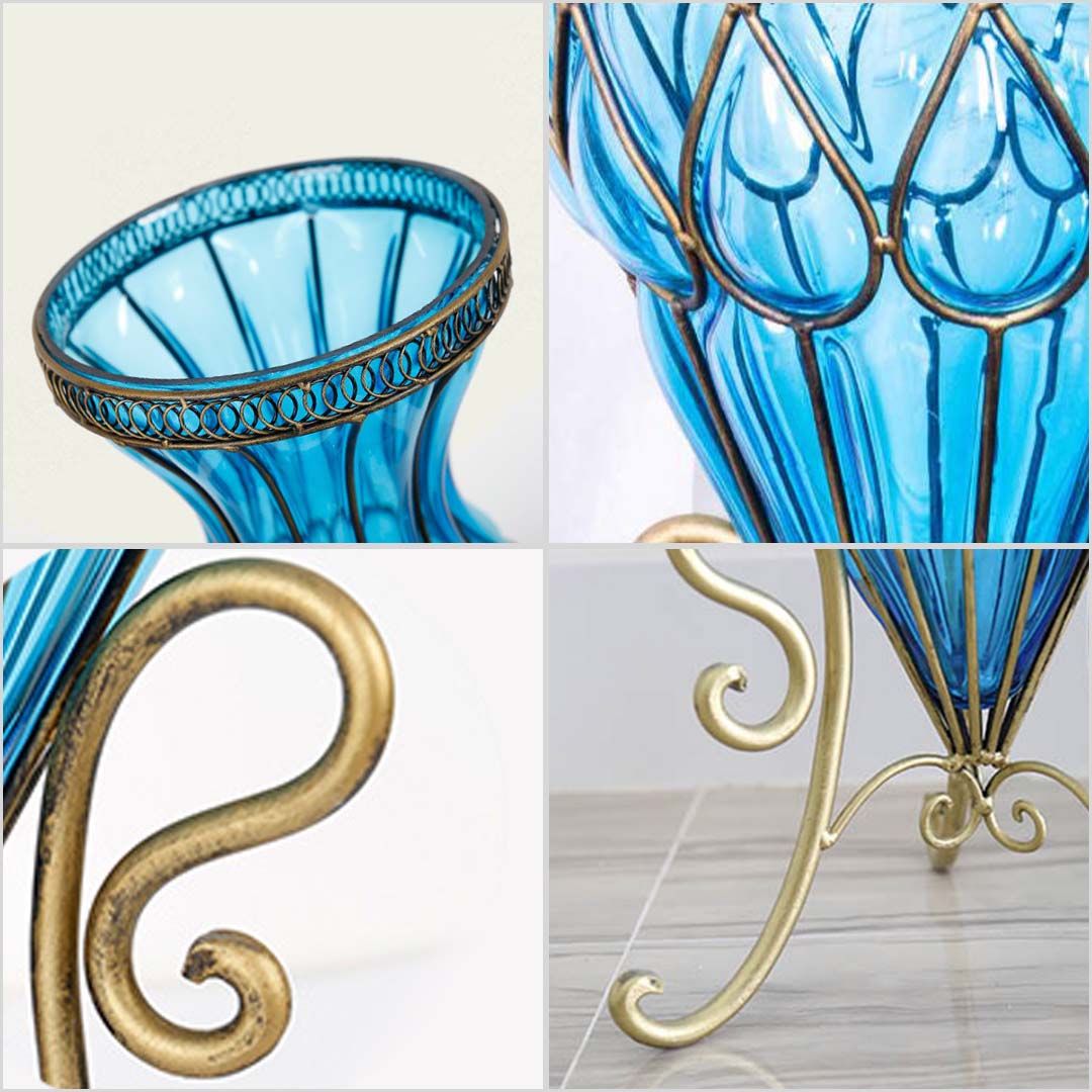 Set of Blue Glass Floor Vase And 12Pcs White Artificial Flower - 67cm - Notbrand