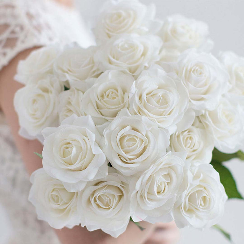 White Artificial Silk Rose Bouquet - 20Pcs - Notbrand