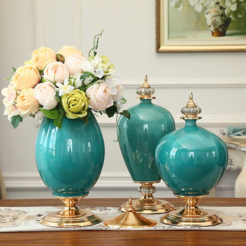 Set of 3 Green Ceramic Vases With Blue Flowers - Notbrand