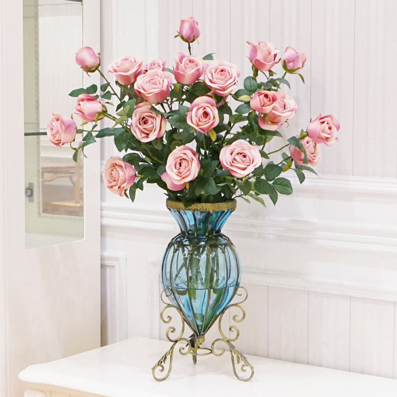 Blue Glass Floor Flower Vase Artificial Silk Rose Set - 8 Bunch 5 Heads - Notbrand