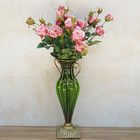 Green Glass Flower Vase With Artificial Silk Rose Set - 8 Bunch 5 Heads - Notbrand
