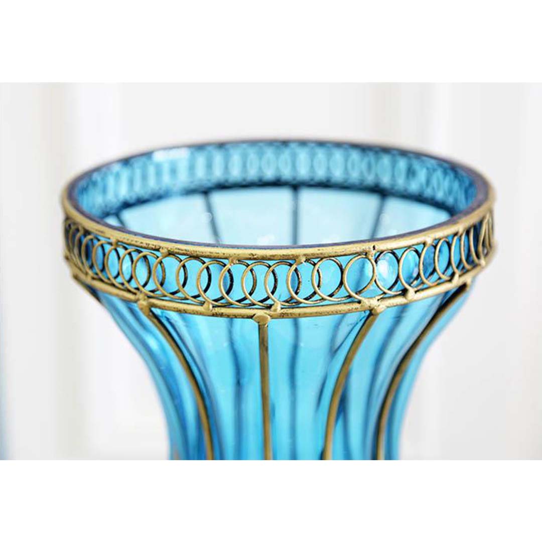 Set of Blue Glass Floor Vase And 12Pcs Pink Artificial Flower - 67cm - Notbrand