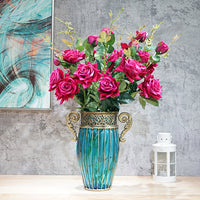 Blue Glass Flower Vase With Artificial Silk Rose Set - 8 Bunch 5 Heads - Notbrand
