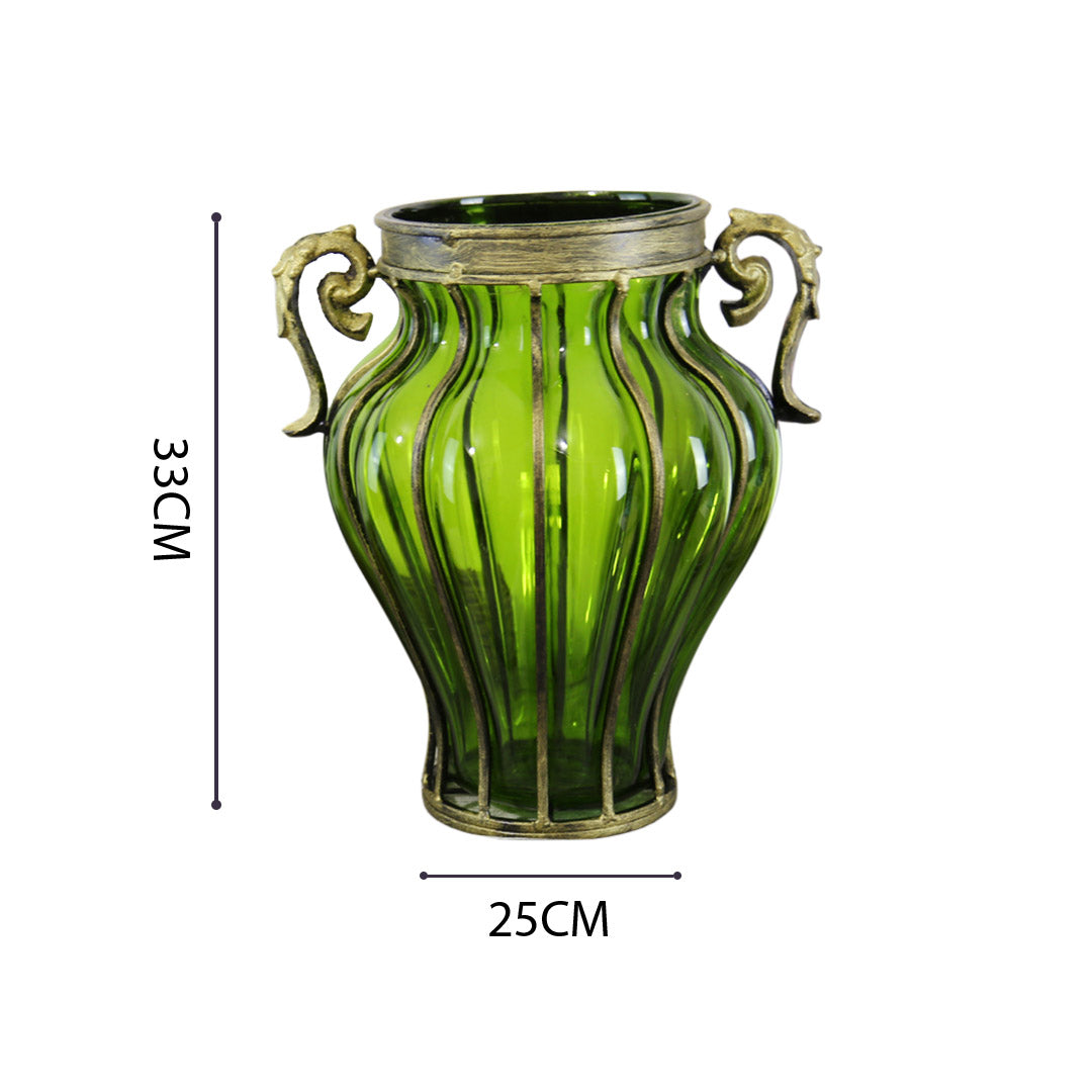 European Glass Amphora Flower Vase With Two Metal Handle - Green - Notbrand
