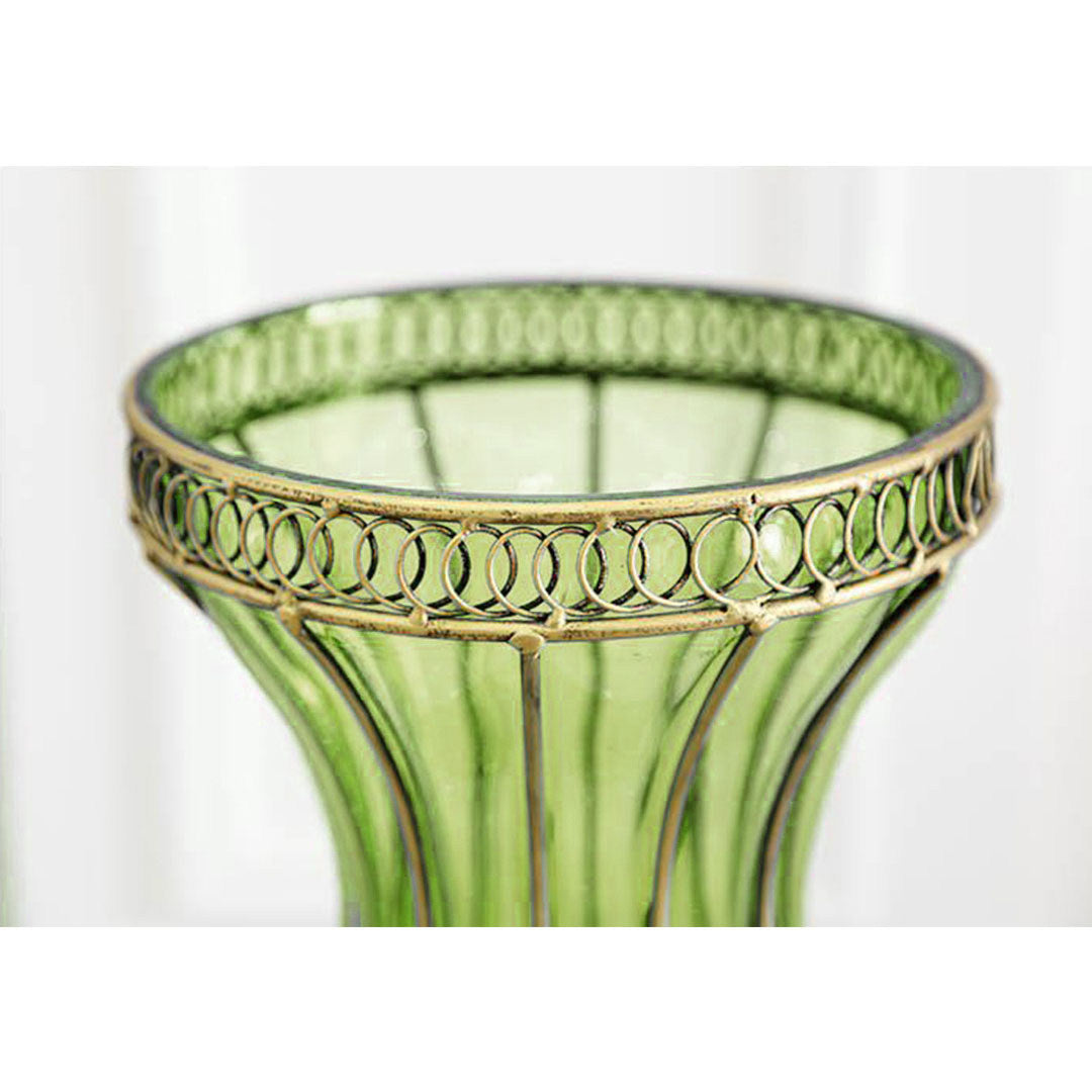 Set of Green Glass Floor Vase With 10Pcs White Artificial Flower- 67cm - Notbrand