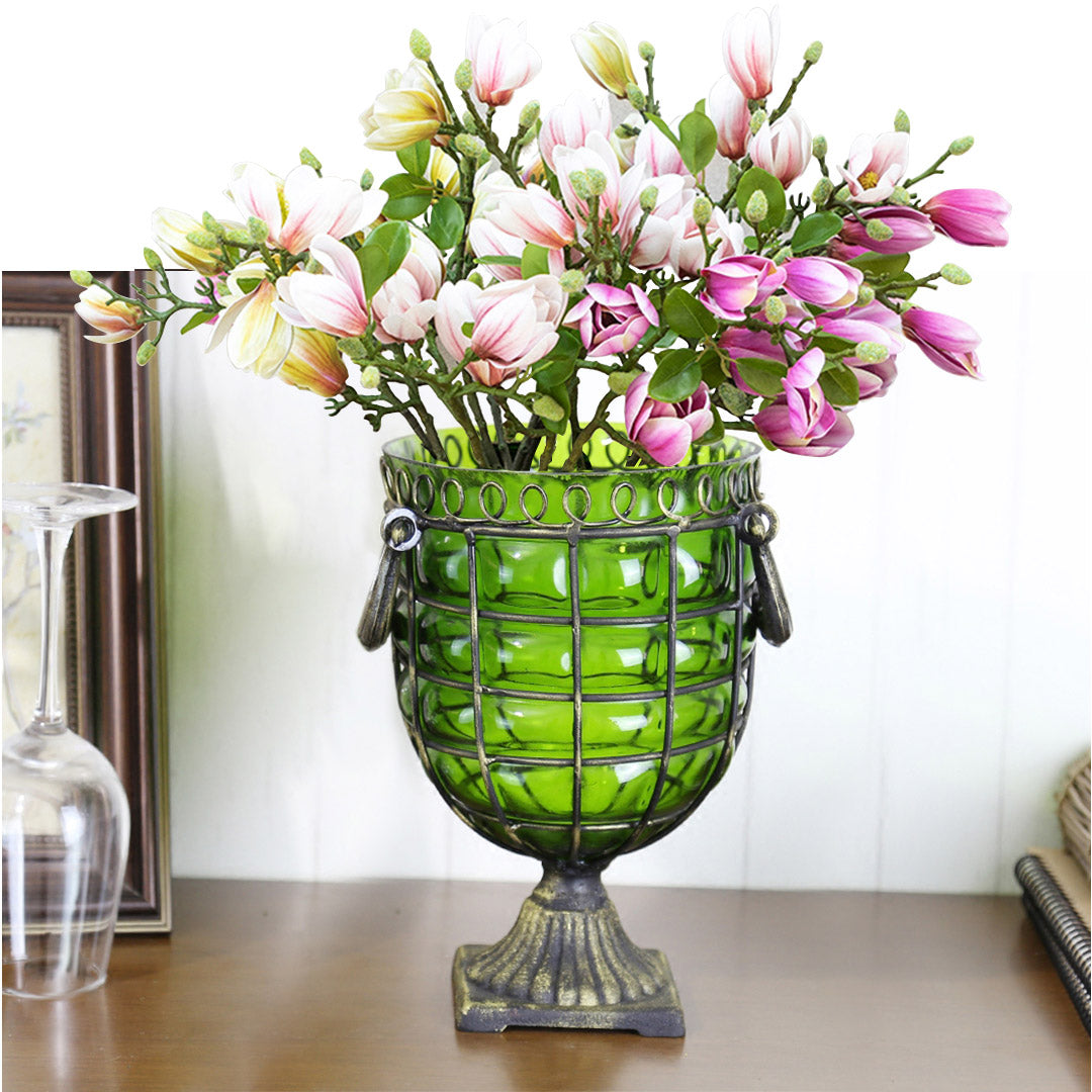 Glass Flower Vase With Artificial Silk Magnolia Denudata Set - Green - Notbrand