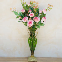 Green Glass Flower Vase With Artificial Silk Rose Set - 6 Bunch 5 Heads - Notbrand