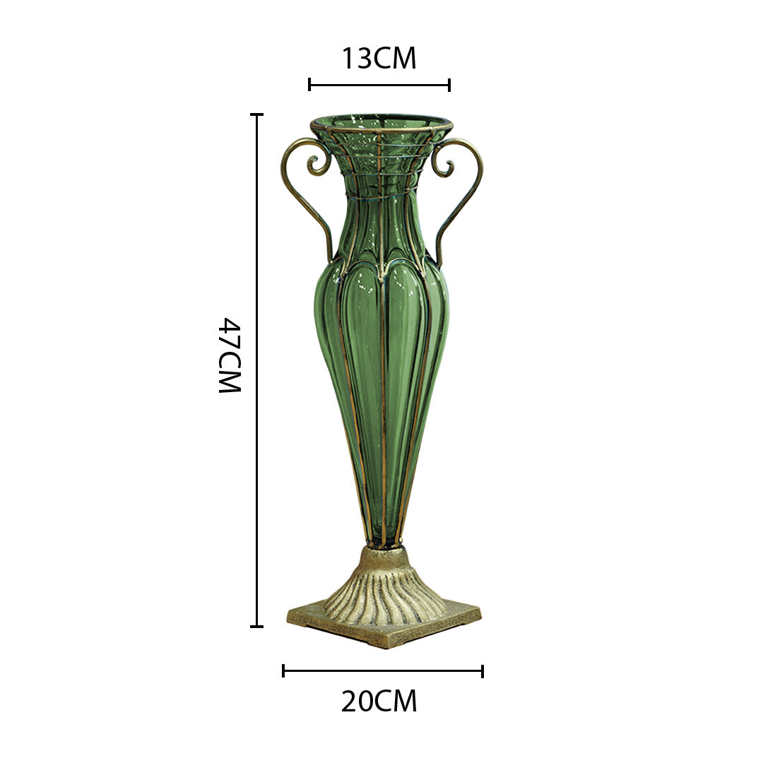 European Glass Flower Vase With Two Gold Metal Handle - Green - Notbrand