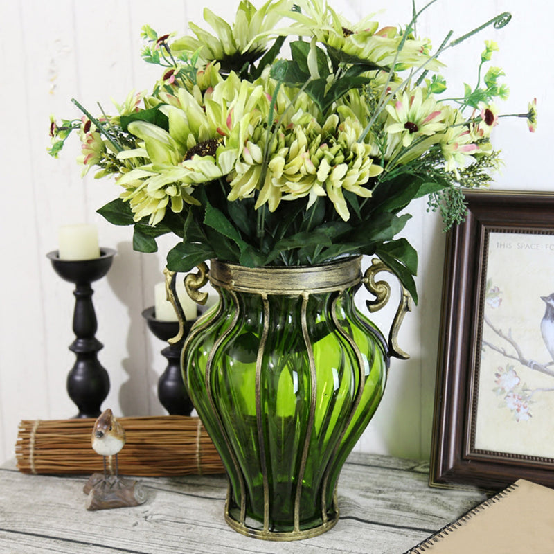 European Glass Amphora Flower Vase With Two Metal Handle - Green - Notbrand