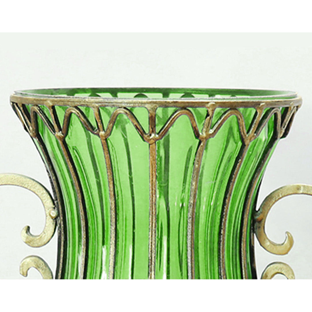 Set of Green Glass Floor Vase With 12Pcs White Artificial Flower - Notbrand