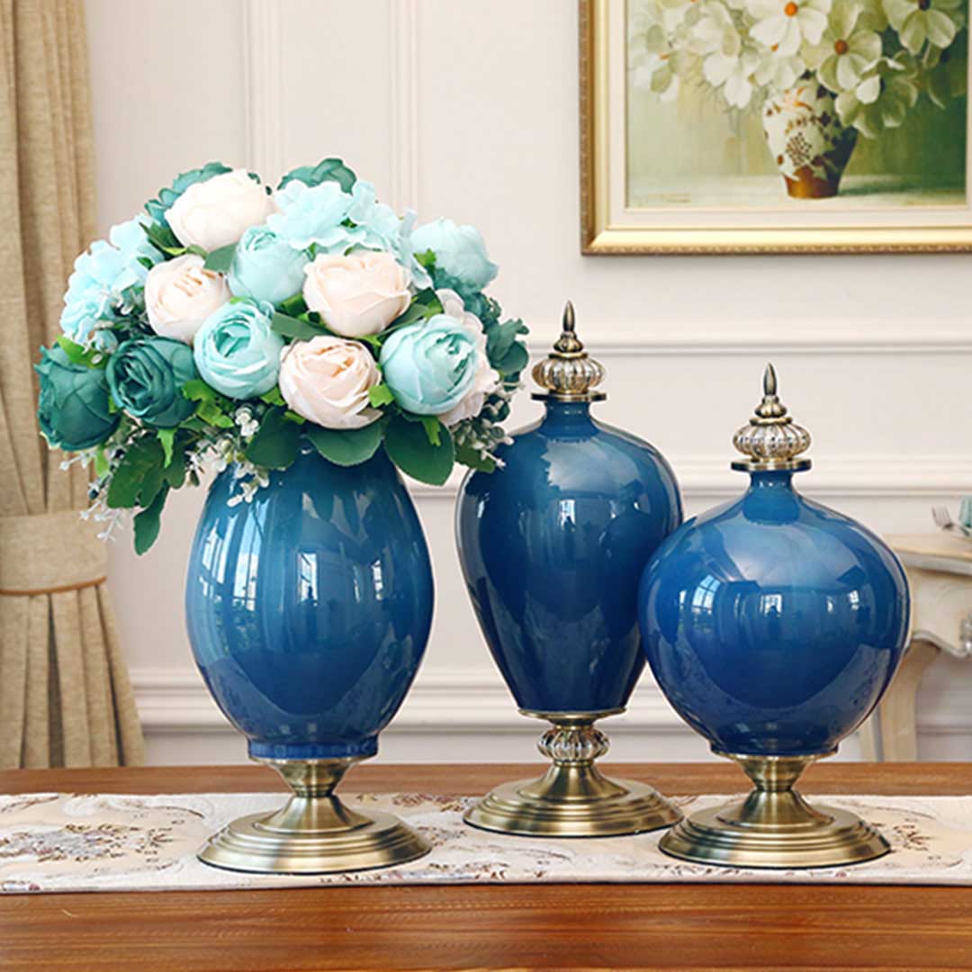 Set of 3 Dark Blue Ceramic Vase With Blue Flowers - Notbrand