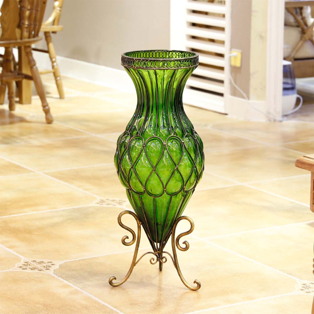 Green Glass Floor Vase With Metal Stand - 65cm - Notbrand