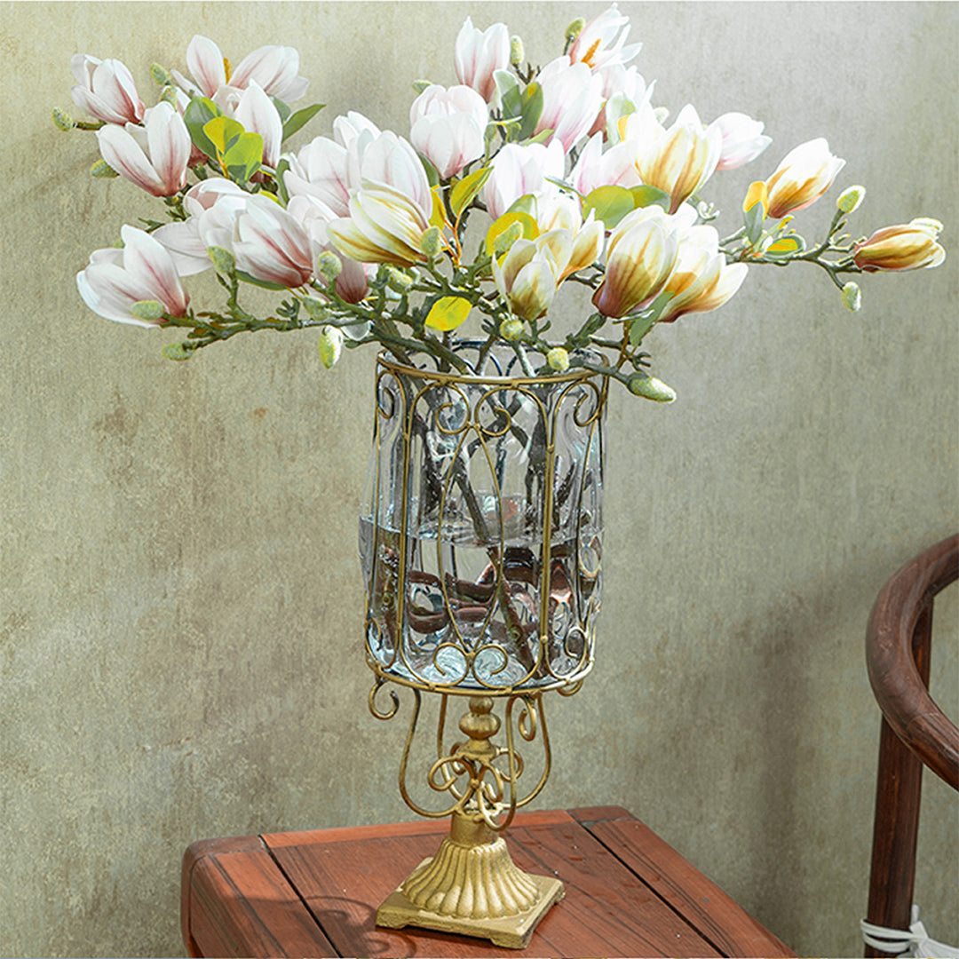 European Flower Vase With Gold Metal Pattern - Clear Glass - Notbrand