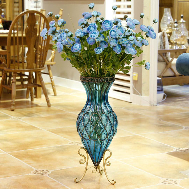 Blue Glass Floor Vase With Metal Stand - 65cm - Notbrand