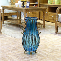 Set of Blue Glass Floor Vase With 12Pcs Pink Artificial Flower - Notbrand