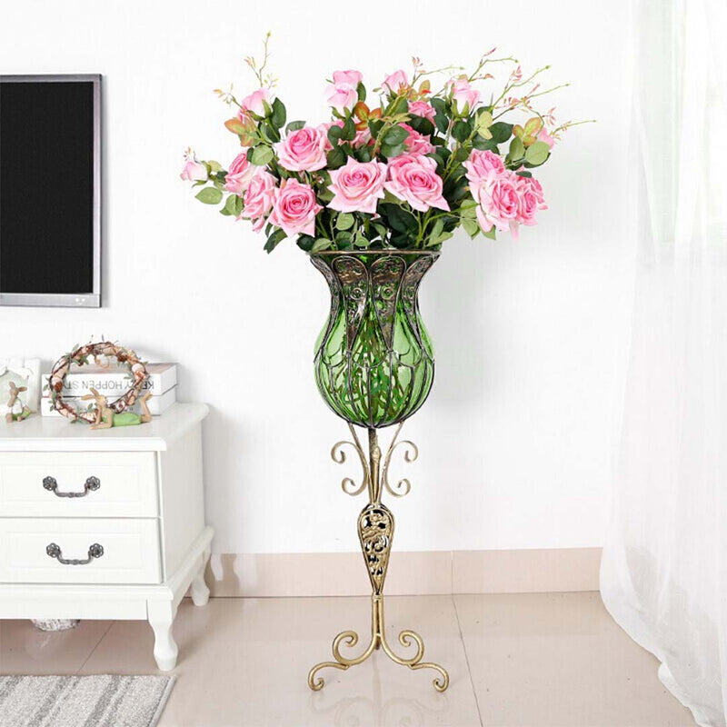 Green Glass Floor Vase With Tall Metal Stand - 85cm - Notbrand
