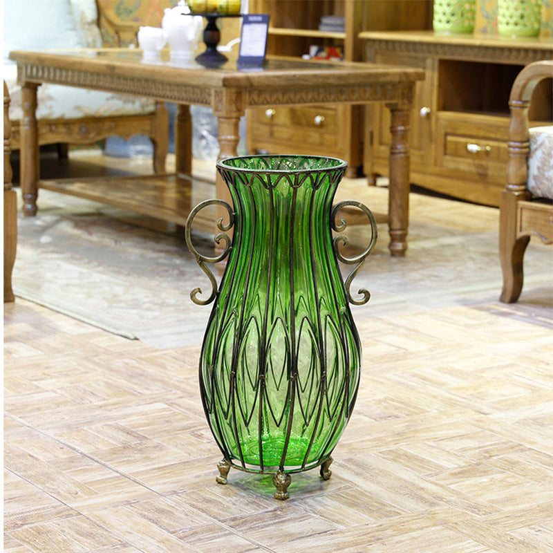Set of Green Glass Floor Vase With 12Pcs Artificial Flower - Notbrand