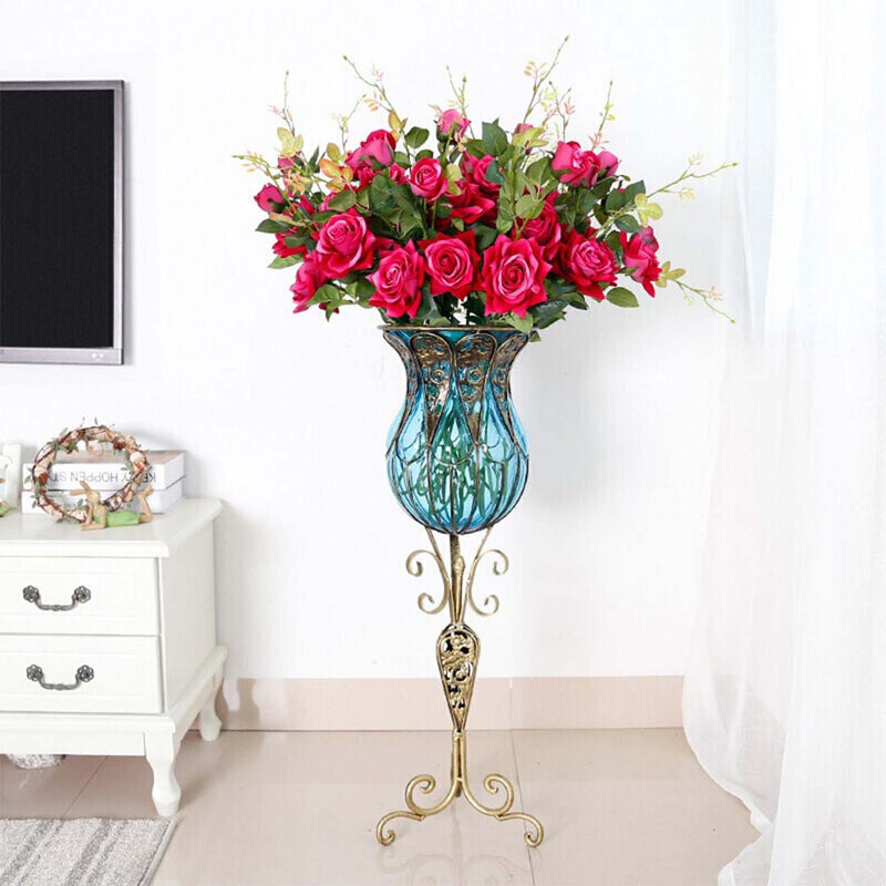 Blue Glass Floor Vase With Tall Metal Stand - 85cm - Notbrand
