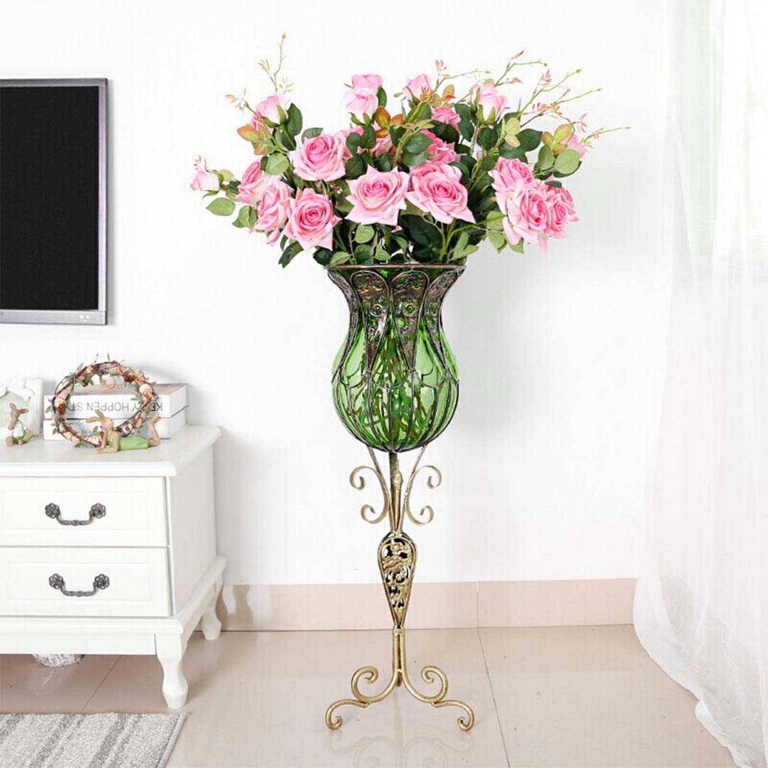 Set of Blue Glass Floor Vase And 12Pcs Pink Artificial Flower - Notbrand