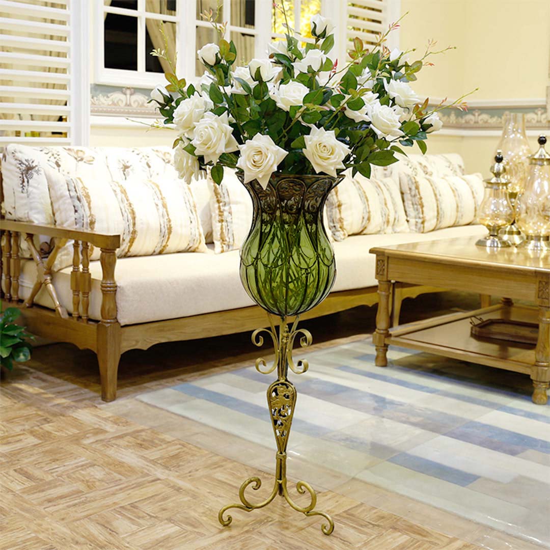 Set of Green Glass Floor Vase And 12Pcs White Artificial Flower - Notbrand