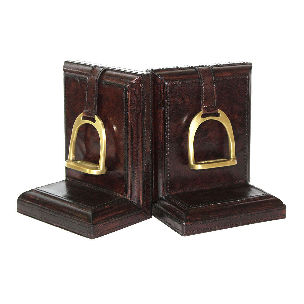 Set of 2 Dark Leather Bookends with Stirrup - Small - Notbrand