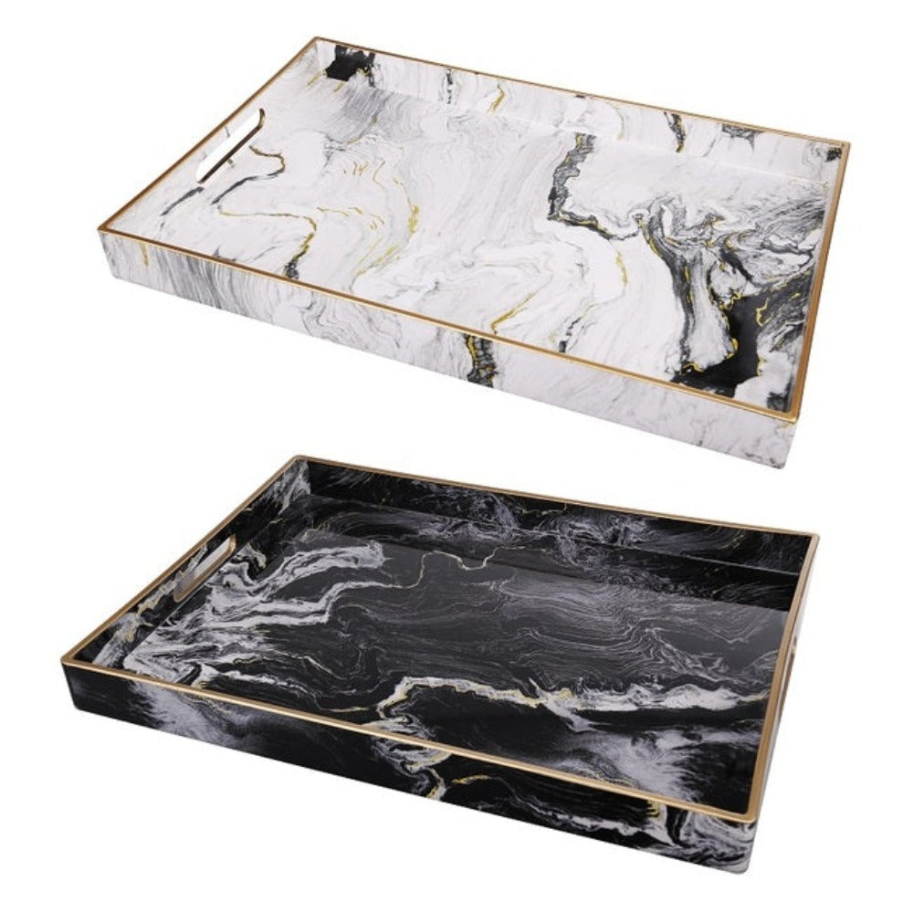Set of 2 Marble Patterned Black & White Rectangular trays - Notbrand