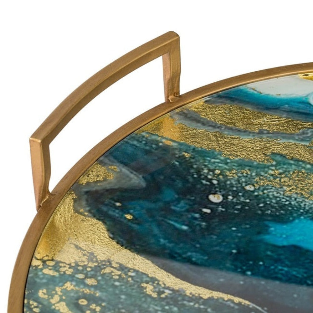 Abstract Blue & Gold Mirror Round Tray with handles - Notbrand