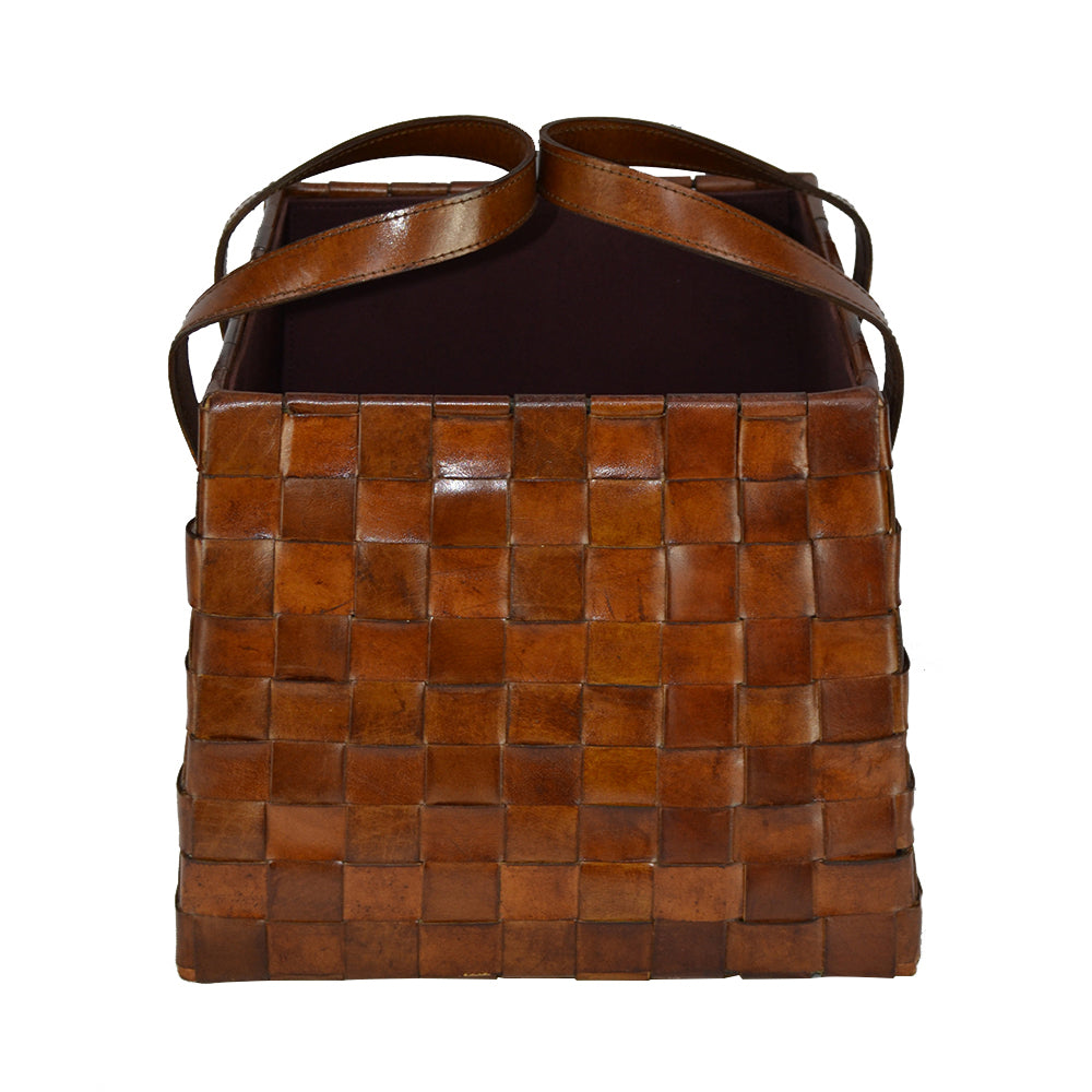Fanciful Tan Leather Weaving Magazine Basket - Notbrand