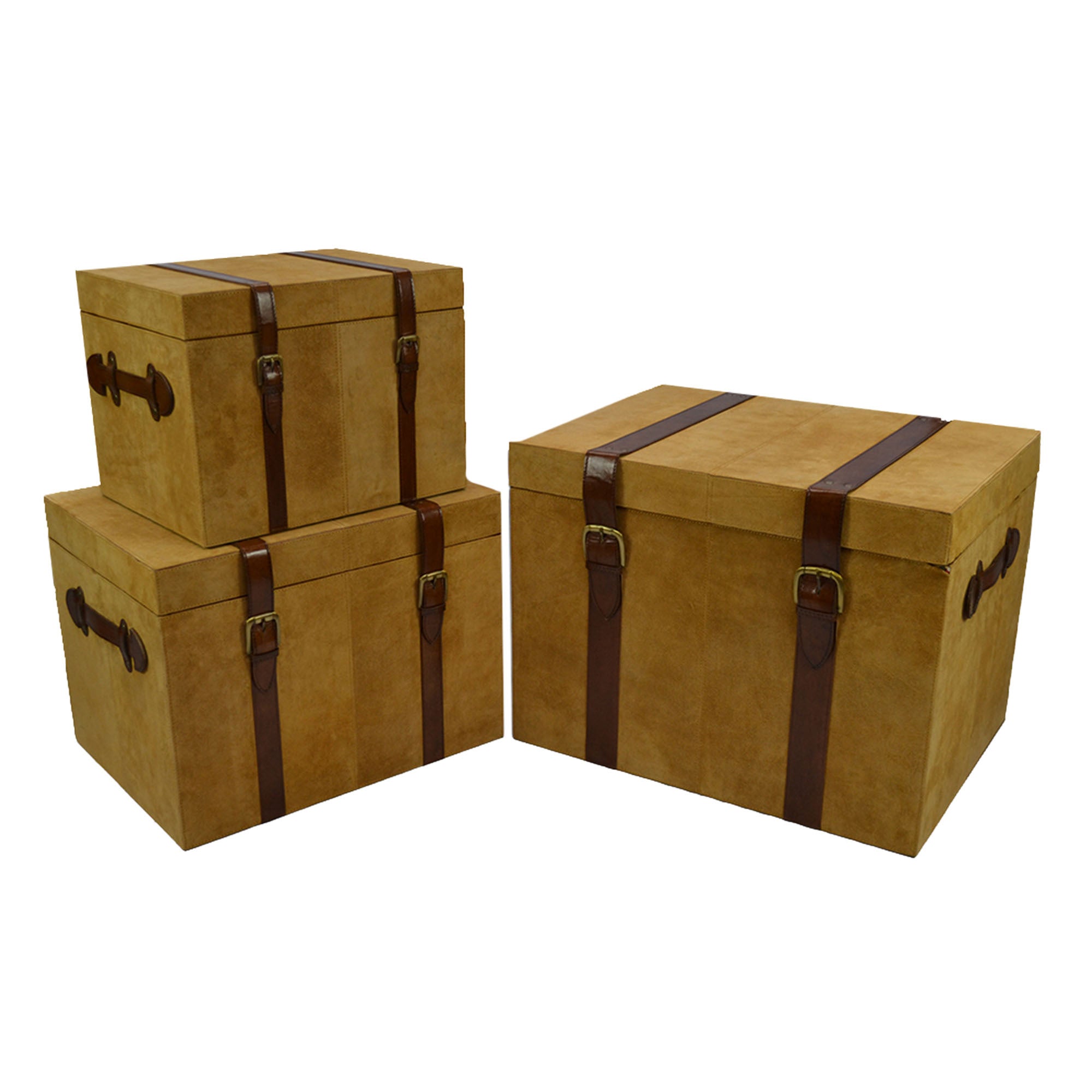 Ioguss Set of 3 Tan Suede Leather Trunk Set - Notbrand