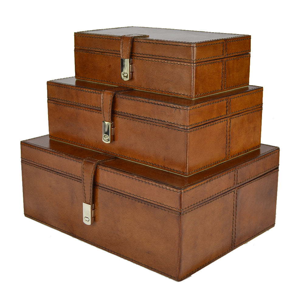 Malumka Set of 3 Tan Leather Boxes - Notbrand