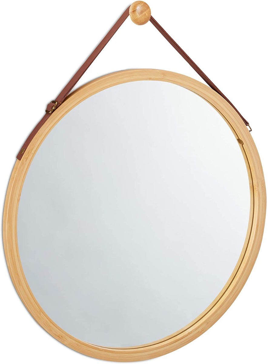 CARLA HOME Hanging Round Wall Mirror 38 cm - Solid Bamboo Frame and Adjustable Leather Strap for Bathroom and Bedroom - Notbrand