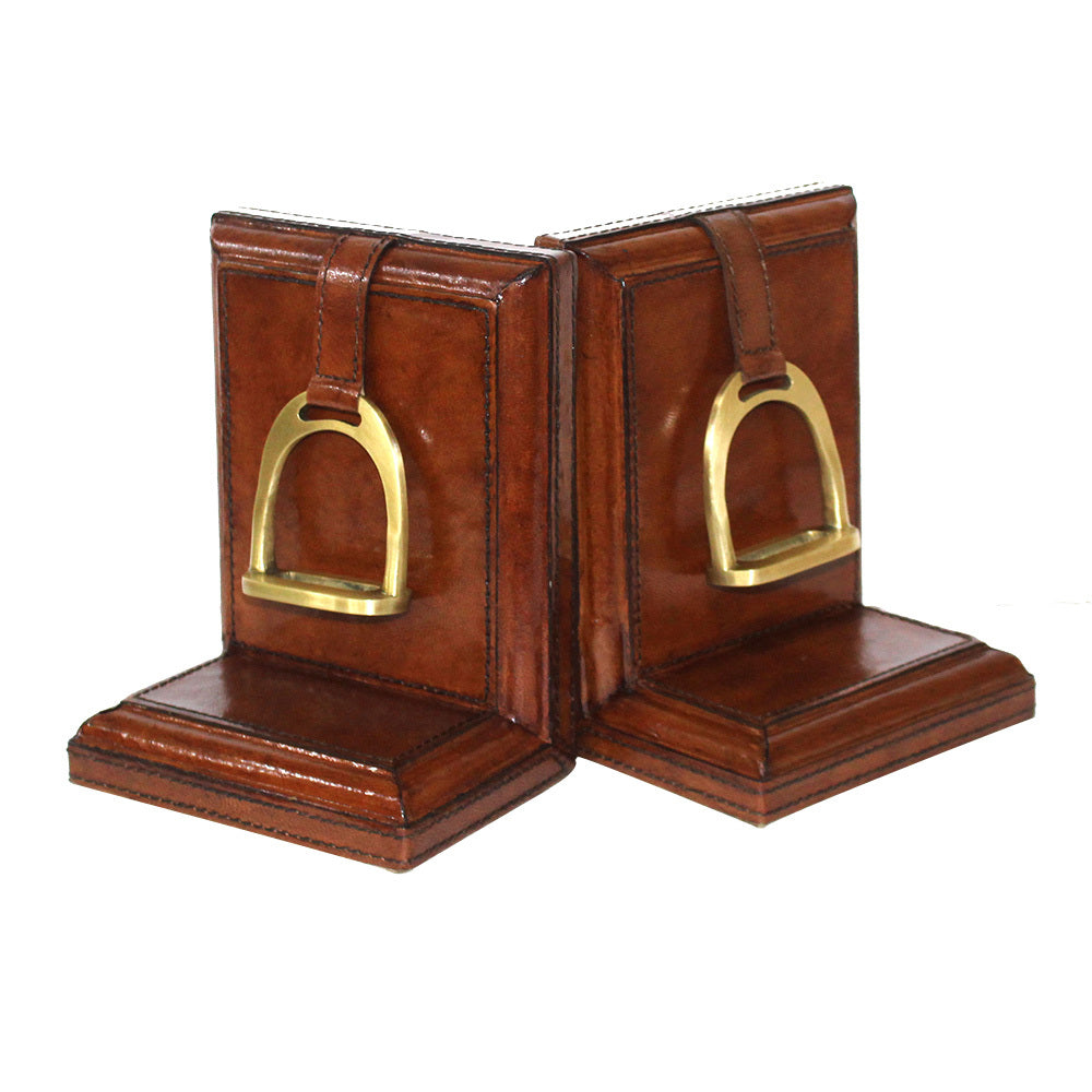 Set of 2 Tan Leather Bookends with Stirrup - Small - Notbrand
